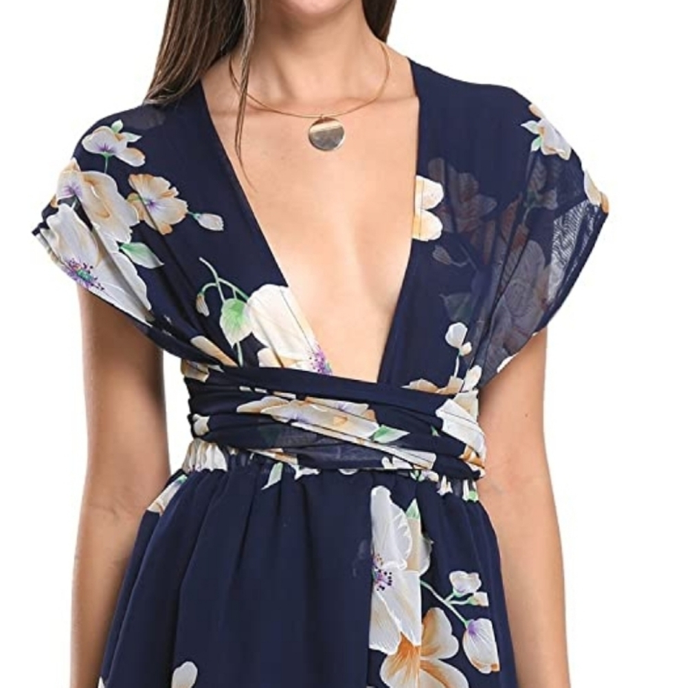 💙Chiffon Deep V Neck Floral Back Cross Tie